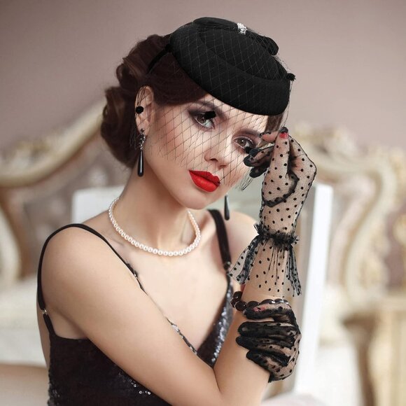 Fascinators Hat Set Mesh Pearls Lace Gloves Necklace Vintage Costume Accessory - Picture 2 of 7